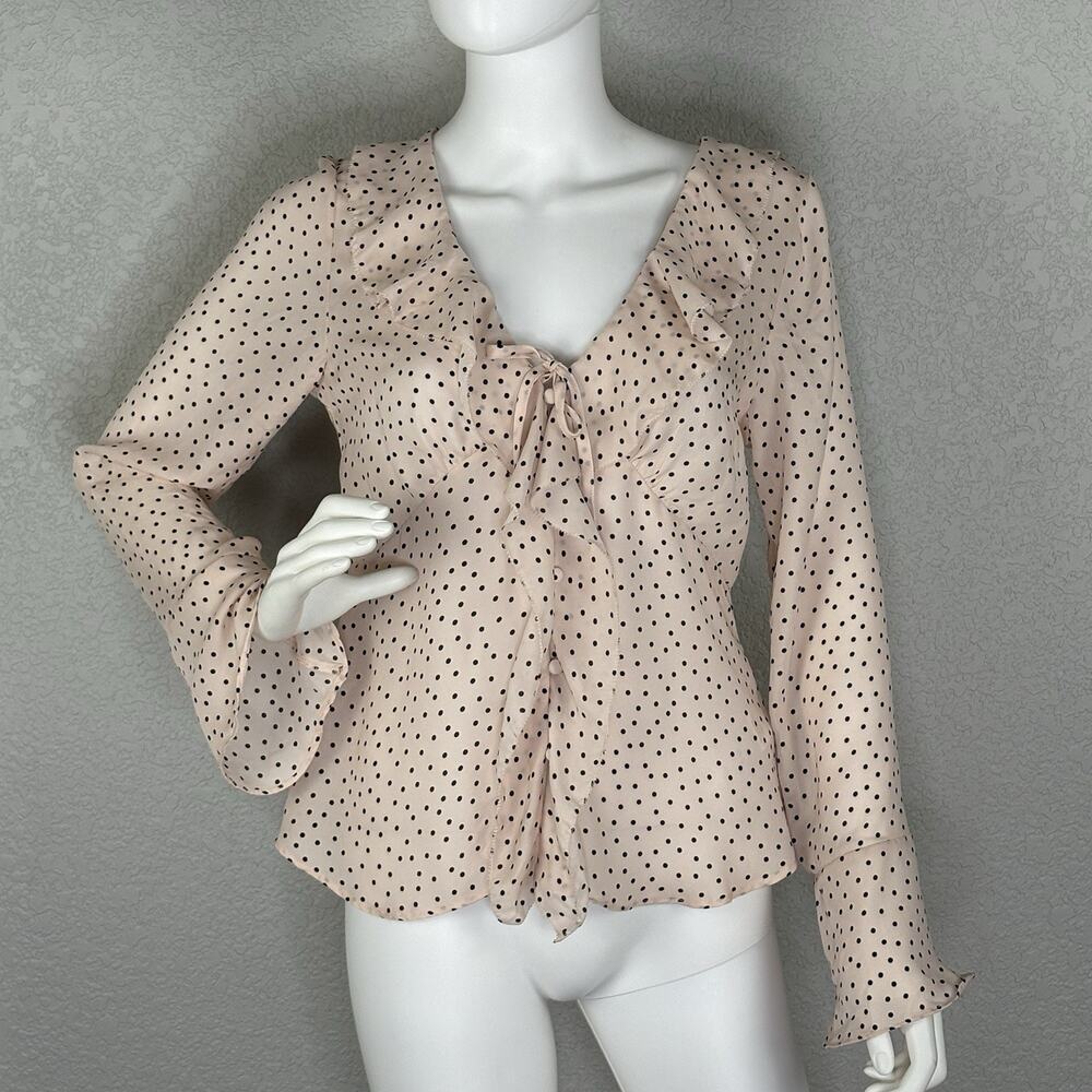 Anthropologie Maison d’Amelie Polkadot Ruffle Bell Sleeve Ballet Pink Black Sz M